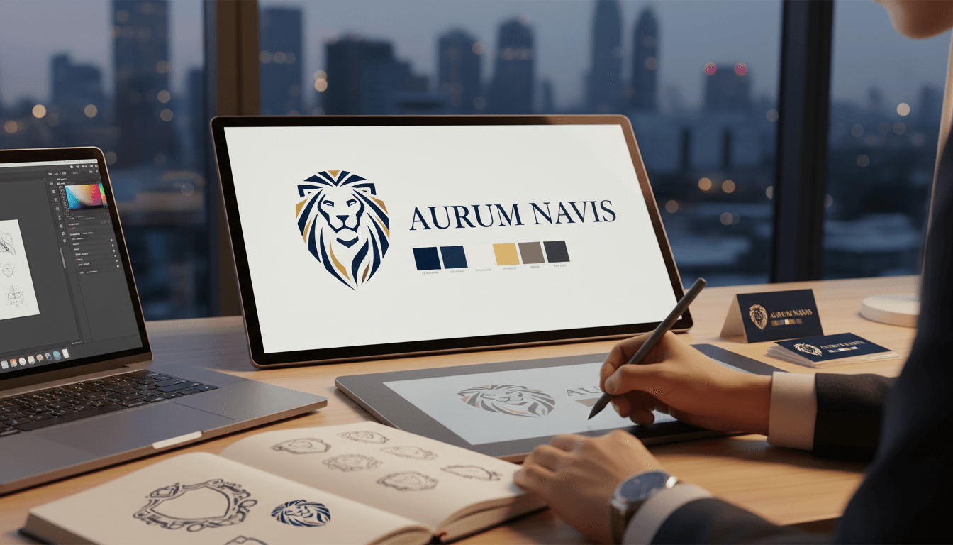 Professional graphic designer sketching luxury brand logo and color palette with gold and navy tones